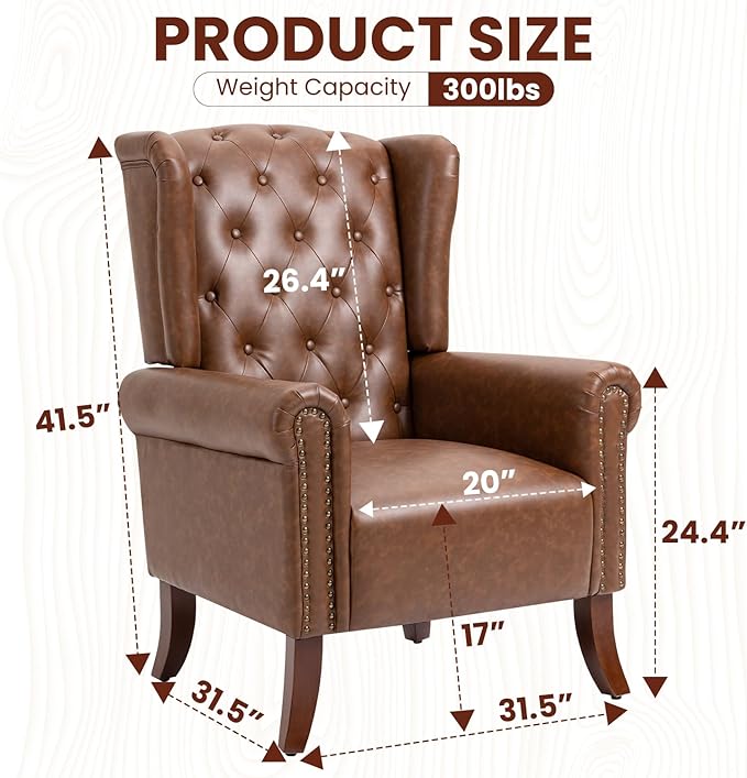 PU Leather Accent Chair Set of 2, Modern Upholstered Living Room Chair Sofa Chair with Wooden Legs, Wingback Armchair Club Chair for Bedroom,Study Room, Lounge (Brown)