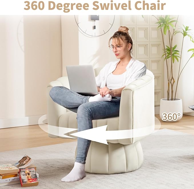 Swivel Accent Barrel Chair - Cute Comfy Small Round 360° Arm Chair Velvet Sofa Club Reading Chair for Living Room Bedroom Office Beige