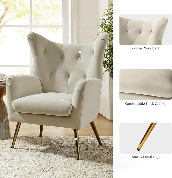 HULALA HOME Velvet Accent Chair Set of 2, Modern Wingback Armchair with Metal Gold Legs, Velvet Tufted Upholstered for Living Room Bedroom(TAN)