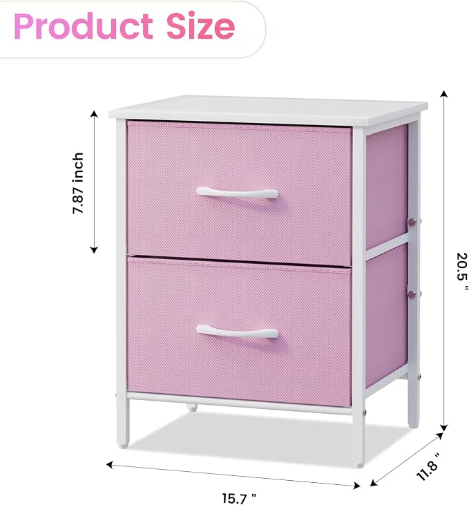 Stero Nightstand Set of 2, Kids Dresser with 2 Drawers, Steel Frame Bedside Furniture, Wood Top Fabric Night Stand, Colorful End Table for Home, Bedroom, Office, Pink - Image 3