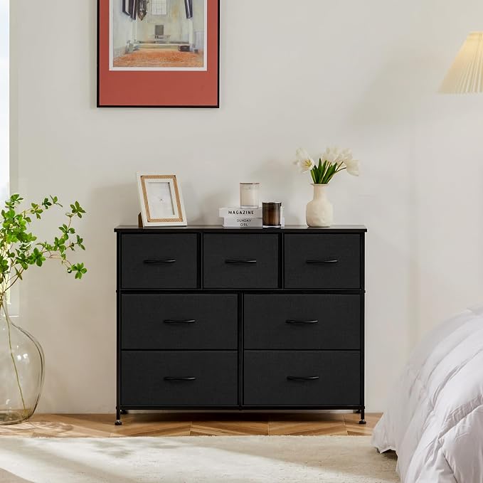 Sweetcrispy 7 Drawer Dresser Storage Organizer with Fabric Bins, Sturdy Steel Frame and Wood Top, Easy Pull Handles, for Bedroom Closet Hallway Entryway,Black - Image 2