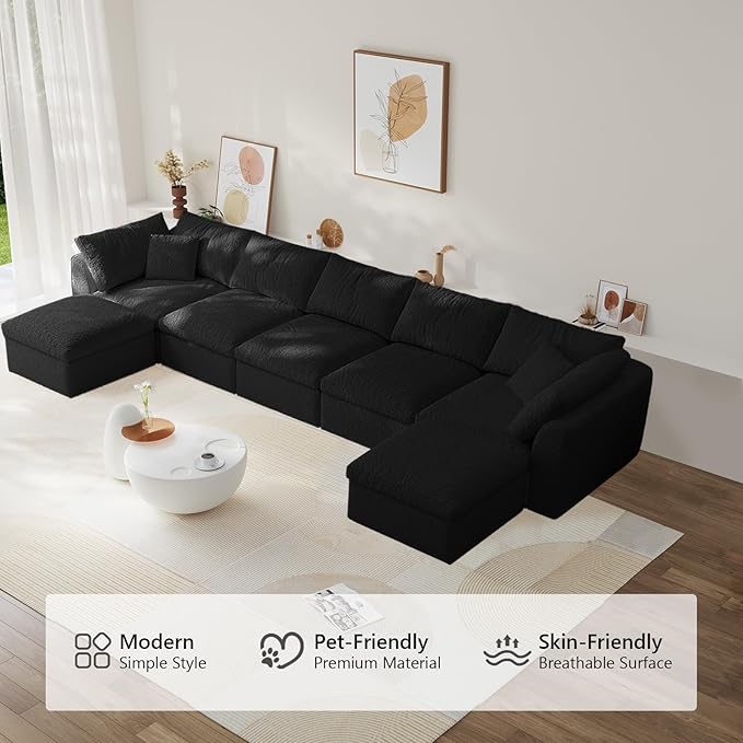Modular Sectional Sofa Boneless Cloud Couch for Living Room, U Shape Deep Seat Recliner Sofa with Ottoman, Adjustable Backrest & 2 Throw Pillows - Covers Washable, (Black, 5 Seater+2 Ottoman)