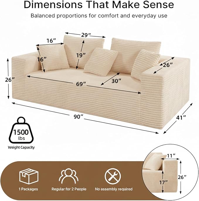 3-Seater Deep-Seat Corduroy Lounge Sleeper Sofa, No Assembly Frameless Foam Cloud Couch, Comfy Plush for Living Room Bedroom Apartment Dorm Office (Beige)