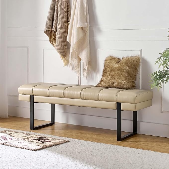HULALA HOME 53" Faux Leather Entryway Bench, Button Tufted End of Bed Bench Ottoman for Bedroom, Living Room with Metal Base,Beige by HULALAHOME