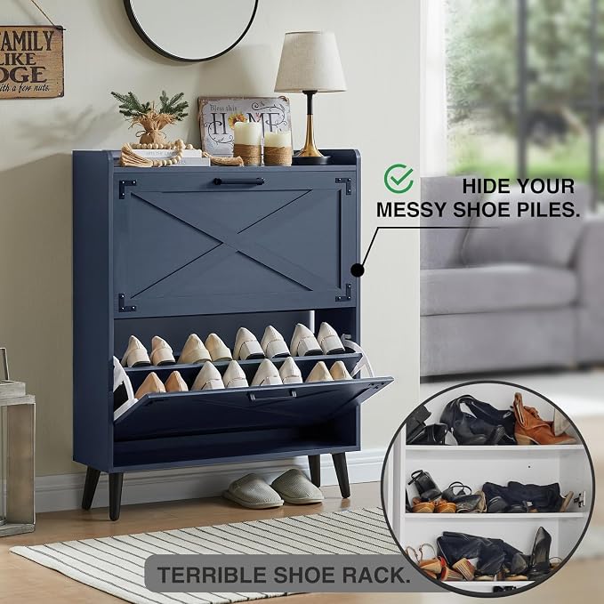 Barnyatoh Shoe Storage Cabinet,Farmhouse Shoe Organizer with 2 Flip Drawers & Barn Door Design,Freestanding Hidden Slim Narrow Shoe Rack Cabinet for Entryway,Foyer,Hallway,Navy Blue - Image 3