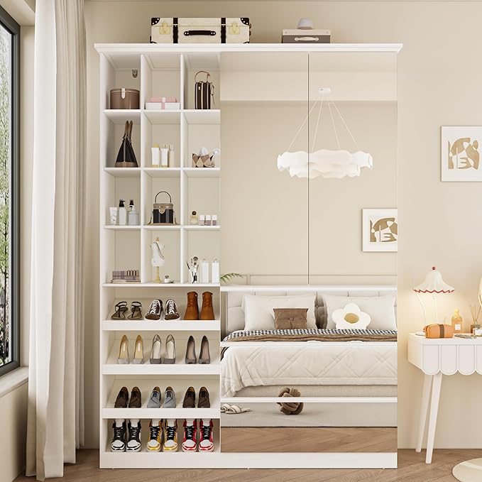 Mirrored Wardrobe Closet with Shoe Cabinet Storage, White Armoire with Shelves and 3 Drawers, Modern Clothes Storage Cabinet with Hanging Rod for Bedroom Guest Room