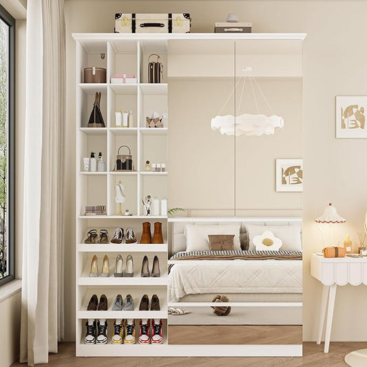 Mirrored Wardrobe Closet with Shoe Cabinet Storage, White Armoire with Shelves and 3 Drawers, Modern Clothes Storage Cabinet with Hanging Rod for Bedroom Guest Room