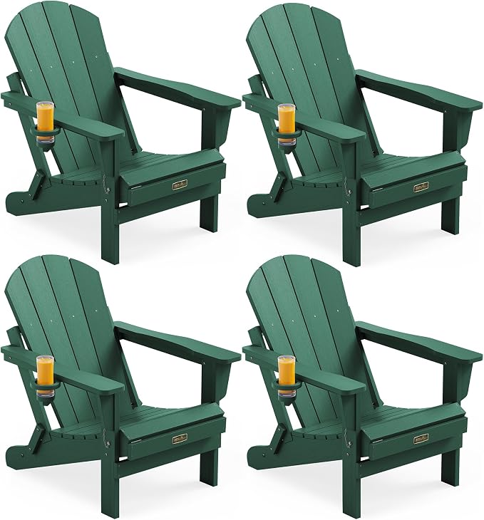 SERWALL Foldable Adirondack Chair Set of 4, Weather Resistant HIPS Patio Chairs with Cup Holder for Garden Outdoors Fire Pit Chairs-Green by SERWALL