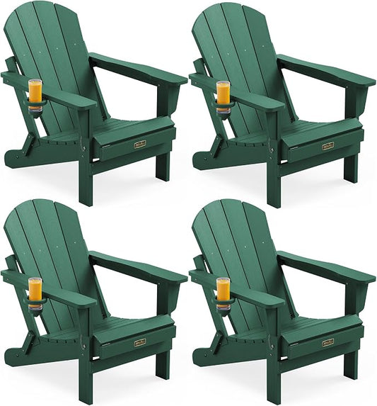 SERWALL Foldable Adirondack Chair Set of 4, Weather Resistant HIPS Patio Chairs with Cup Holder for Garden Outdoors Fire Pit Chairs-Green by SERWALL
