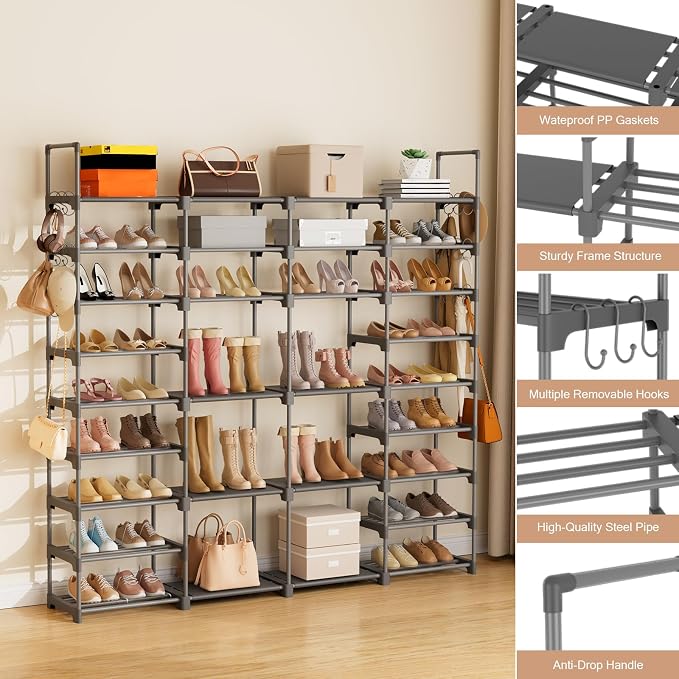 ROJASOP Large Shoe Rack Organizer for Entryway Closet 64-68 Pairs 9-Tier Heavy Duty Tall Garage Shoe Rack Shoe Shelf Shoes Storage with 18 Pcs Removable Side Hooks for Bedroom and Garage Grey - Image 4