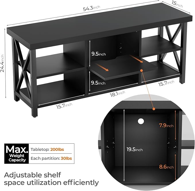 GreenForest TV Stand for TV up to 65 inches, Entertainment Center with 6 Storage Cabinet for Living Room, 55 inch Farmhouse Television Stands Console Table, Industrial TV stands for Living Room, Black - Image 3