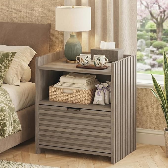 BON AUGURE Nightstand, Grey Fluted Night Stand, Wooden Bedside End Tables with Drawer Storage, Modern Bed Side Night Stands for Bedroom, Living Room (Greige Oak) by BONAUGURE