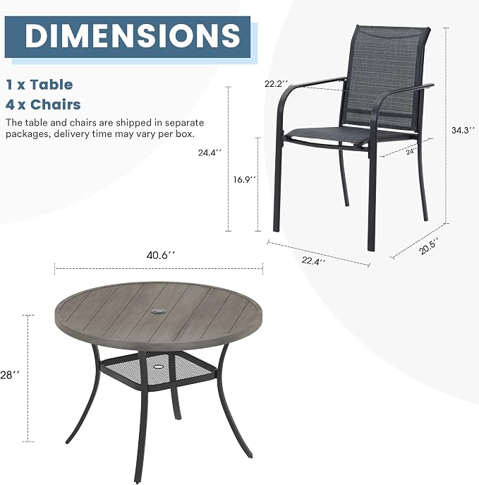 DIFY Outdoor Dining Set for 4, Patio Dining Furniture Set Includes 42" Grey Wood-Like Round Table with Adjustable Umbrella Hole and 4 Grey Stackable Metal Chairs for Poolside, Garden, Backyard - Image 2