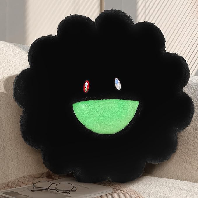 Flower Pillow,Colorful Flower Shaped Throw Pillow,Smiley Face Floor Cushions,Cute Sunflower Plush Pillows, Black Decorative Pillows for Bed,Couch,Sofa,Car (Black,15.7In)