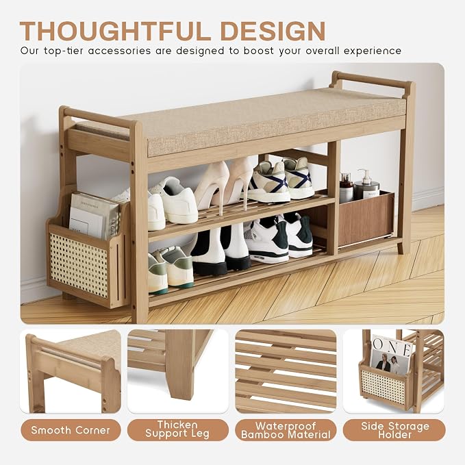 Homaxy 2-Tier Shoe Rack Bench with Side Holder, 39.4 in Bamboo Entryway Bench, Shoe Rack Organizer with Cushion for Front Entrance, Hallway Living Room Bedroom, Walnut and Light Brown - Image 9