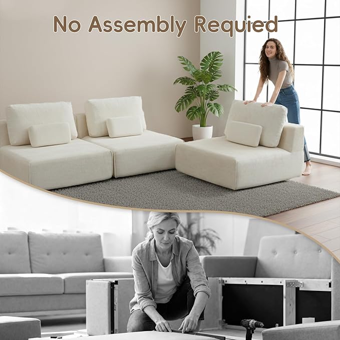 Modular Single Sofa Couch, Beige Plush Velvet No-Assembly Compressed Sofa, Deep-Seat Lounge Chair for Small Spaces Living Rooms Apartments Dorms
