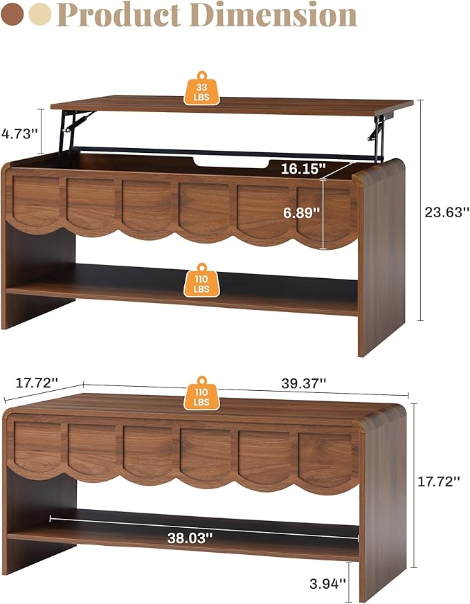 Lift Top Coffee Table with Hidden Compartment, 2 Tier Wooden Center Table with Wave Panel, Modern Lift Tabletop for Home Living Room Office, Walnut