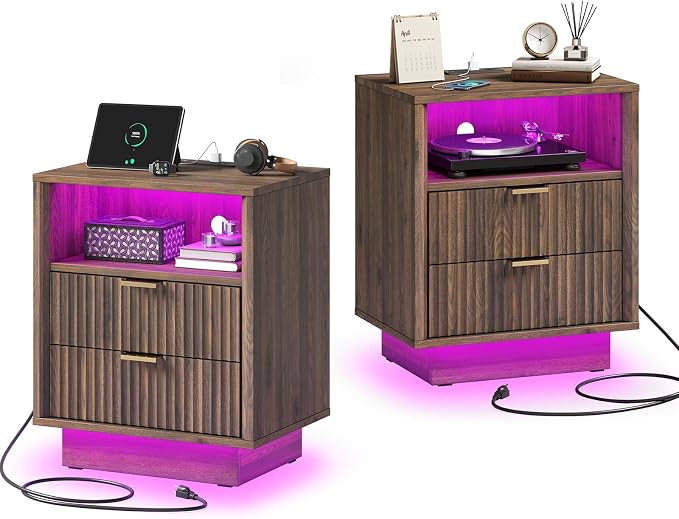 GOLDDAY Nightstands Set of 2 with Charging Station & LED Light, 2-Drawer Bedside Table with Outlets, Modern End Table with Open Shelf, for Bedroom, Home Office, Walnut by GOLDDAY