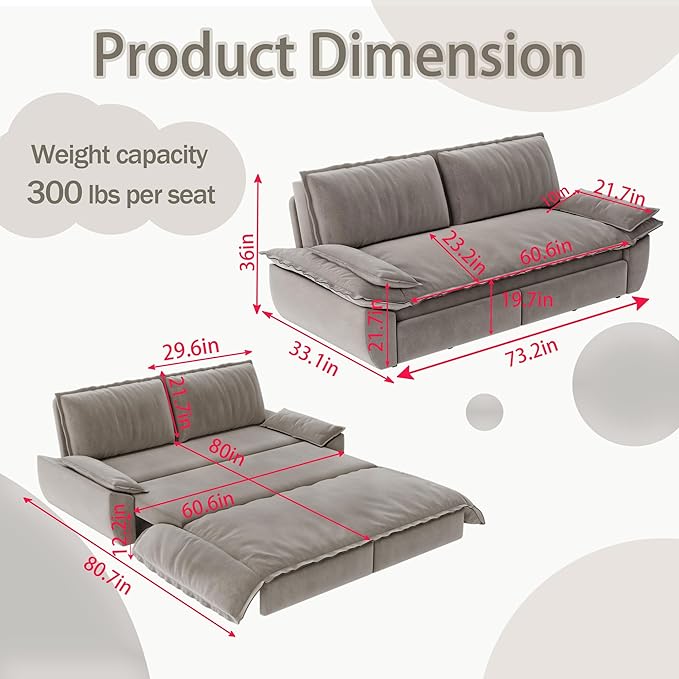 73.2" Queen Size Pull Out Sofa Bed, 3-in-1 Convertible Sleeper, Velvet Loveseat for Living Room, Apartment, Bedroom Small Spaces, Grey (Mattress & Bedding Not Included)