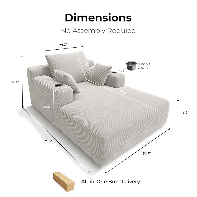 LIKIMIO 71.6" Oversized Chaise Lounge Chair Indoor with Cup Holders & Storage - Corduroy Sofa Bed for Living Room, Reading Nook, or Bedroom, No Assembly Cloud Couch (Greige) | Chaise Lounge Indoor, OEKO‑TEX corduroy, Cup holders|storage, CertiPUR‑US fo...