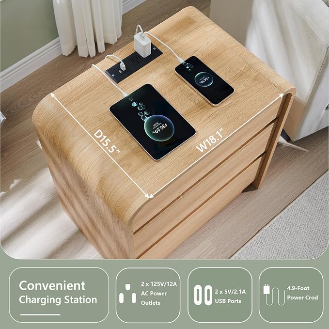 Aitjunz 25" Tall Modern Nightstand with Charging Station, 23.6'' Wide Wood Bedside Table w/3 Storage Drawers, Small Dresser w/Curved Profile Design, End Table for Bedroom, Natural Oak - Image 3