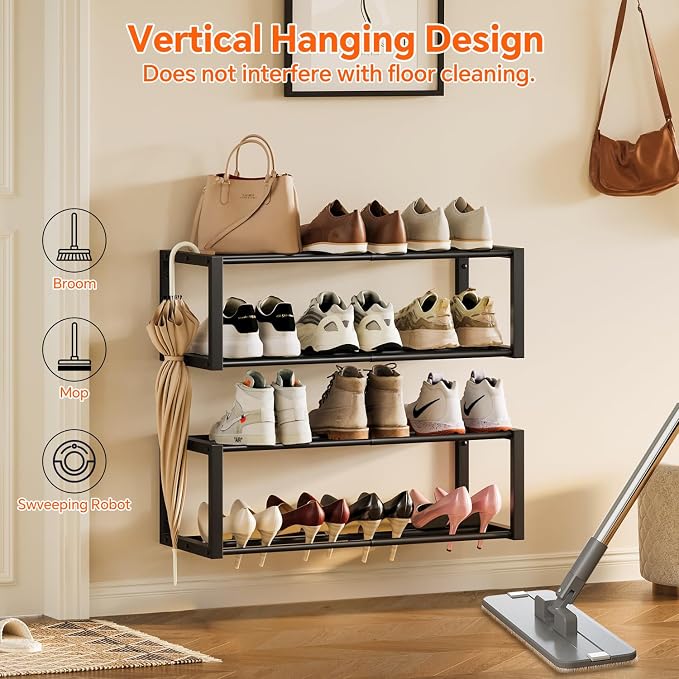 Homeiju Hanging Shoe Organizer,2 Pack Wall Mounted Shoe Rack Holds 12 Pairs,Space Saving Metal Wall Shoe Rack,Hanging Shoe Rack Shoe Holder for Small Space,Entryway,Closet,RV,Camper（Black - Image 4
