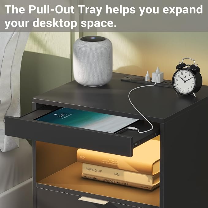 Tiptiper Black Nightstand with Wireless Charging Station and LED Lights, Bedside Table with 2 Drawers, Open Storage, 1 Pull-Out Tray, End Side Table with Charging Station, LED Night Stand with Storage - Image 6
