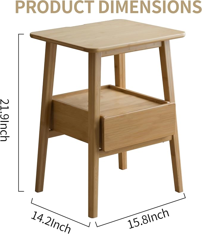 JIKUGO Nightstand Mid Century Modern and Drawers Display Cabinet for Bedroom Bamboo Bedside Tables 21.9x15.8x14.2in with USB Charging Port Night Stands Bed Side Table Bamboo - Image 2