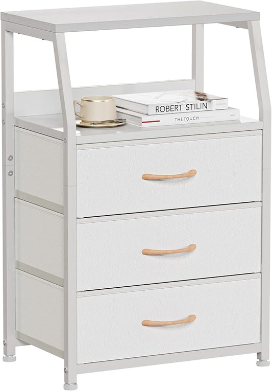 Furnulem White Nightstand with 3 Drawers and 2-Tier Shelf, Small Night Stand End Table Side Furniture, Fabric Storage Organizer for Bedroom, Closet, Hallway, Nursery, Sturdy Steel Frame, Wood Top by Furnulem
