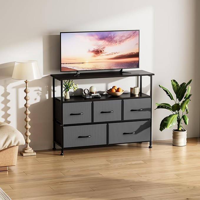 Simple Deluxe TV Stand Dresser for Bedroom Entertainment Center with 5 Fabric Drawers, Storage Organizers Units for Living Room, Media Console Table with Open Shelf up for 45" TV, Gray, Wood top