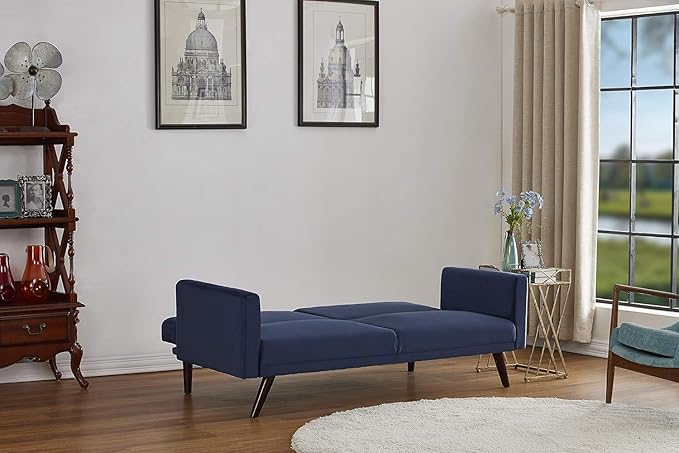 72" Retro Velvet Sofa Bed - Vintage Modern Convertible Futon w/Reclining Backrest - Velvet Upholstery on Solid Wood Frame (72" L x 34.6" W x 30.23" H), Dark Blue