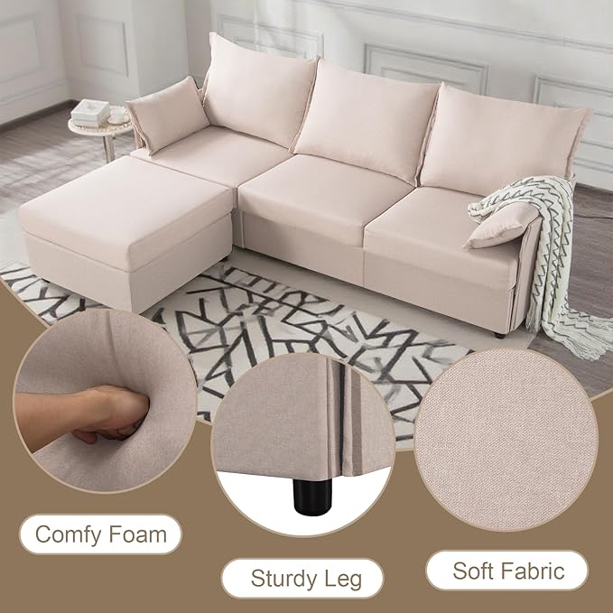 93.7” Sectional Sofa with Movable Ottoman, 3 Seaters L Shaped Couch Modular Sofa Bed with 2 Armrest Pillows, Small Sectional Couch for Living Room Bedroom Small Space Furniture, Beige