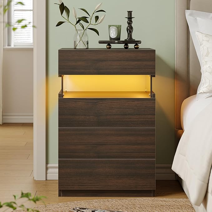 Bingoday Walnut LED Nightstand,Modern Night Stand with 4 Drawers,Tall Nightstand,Large Capacity,Multi-Color LED Lights,End Side Table for Bedroom - Image 3