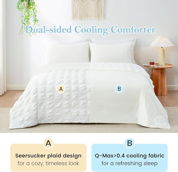 Cozy Bliss Cooling Comforter Seersucker Plaid Twin Size, Q-Max 0.45 Lightweight Cooling Blanket, Breathable Silk Smooth Summer Bedding Quilt for Hot Sleepers Night Sweats White