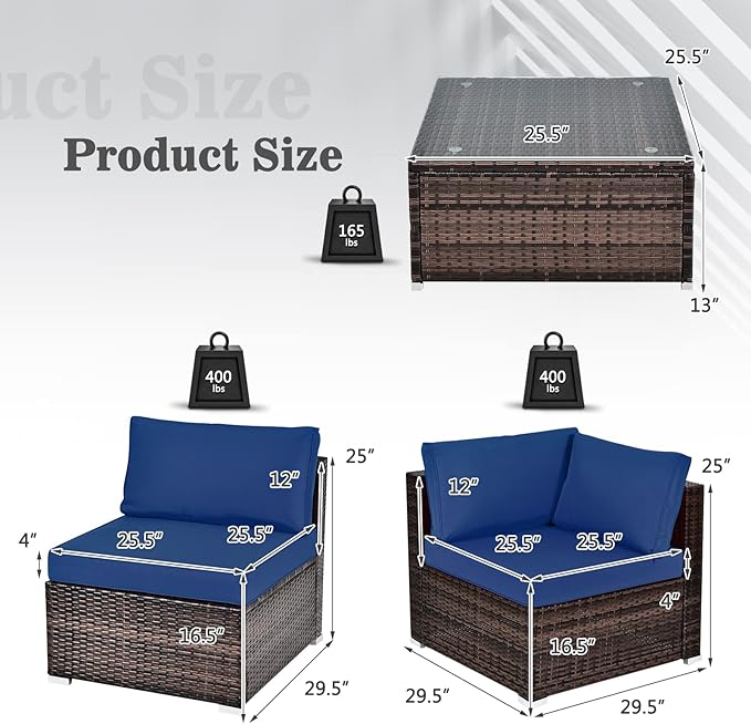 Tangkula 6 Pieces Patio Furniture Set, Outdoor Wicker Conversation Set with Glass Coffee Table, Wicker Sofa Set with Back & Seat Cushions, Rattan Sectional Conversation Set for Backyard Garden