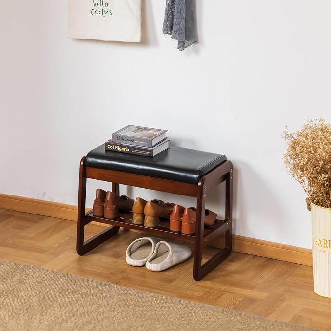 Solid Wood Shoe Bench, 2-Tier Entryway Bench with Cushion and Flip-Open Storage Box, Mid-Century Modern Shoe Bench Rack for Hallway, Mudroom(Black, 21.65'') - Image 3