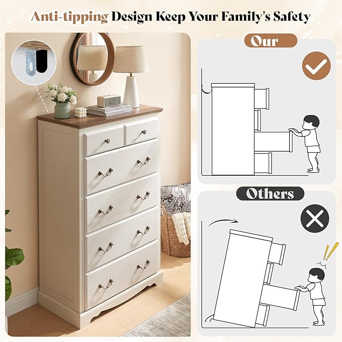 AMERLIFE 2 Piece Bedroom Set Including Farmhouse 7 Drawer Dresser and 6 Chest of Drawers, Wood Tall Dressers Organizer with Metal Handle for Bedroom, White