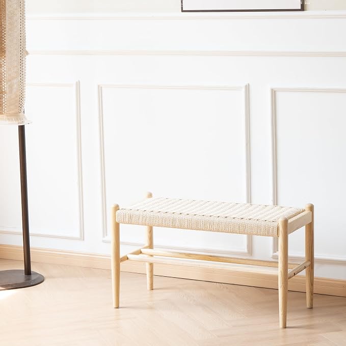 Solid Wood Entryway Bench with Shoe Storage, Rustic Oak Wood and Woven Design 31.5 Inch Long Seating for Living and Dining Rooms,Nature by XINNANFURNITURE