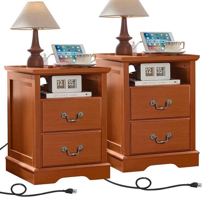 18" Farmhouse Nightstand Set of 2 with Charging Station,Rustic Night Stand, 2 Drawers Bedside Table,End Tables Bedroom with Vintage Handles,Caramel by Madejustforyourcozyhome