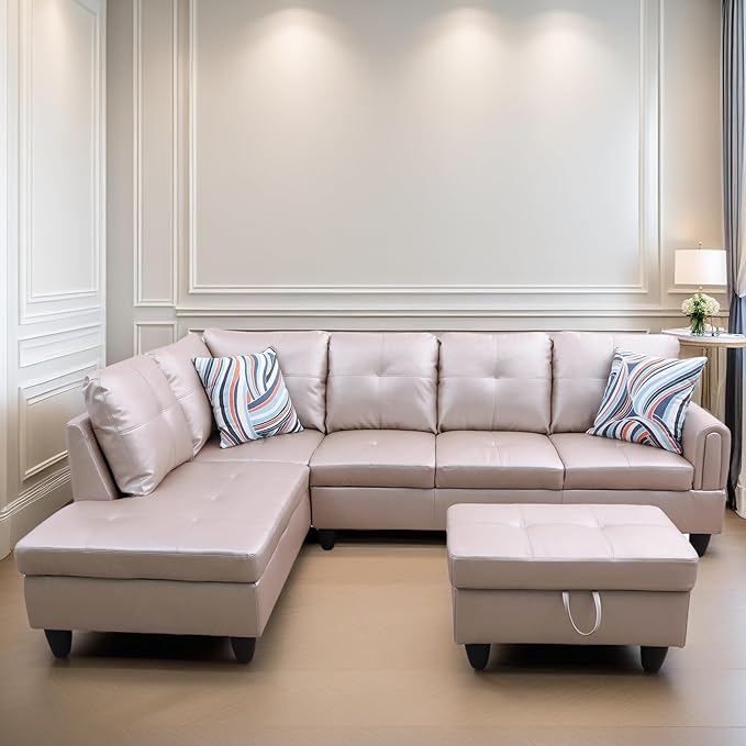 FONTOI L Shaped Sectional Couches, Leather Couch Modular Sectional Sofa with Ottoman Storage, Modern L Shaped Couch with Chaise for Living Room Bedroom Apartment Furniture, Gray