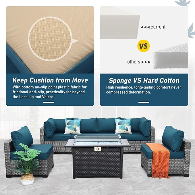 7 Pieces Wicker Patio Furniture Set Rattan Outdoor Sectional Conversation Sofa Set with Fire Pit Table Non-Slip Cushions and Furniture Cover, Peacock Blue