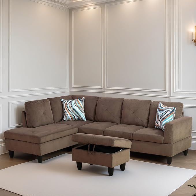 FONTOI L Shaped Sectional Couch Sofa, Modern Couches for Living Room, Comfy 4 Seat Modular Sectional Sofa with Ottoman Storage for Bedroom Apartment, Brown