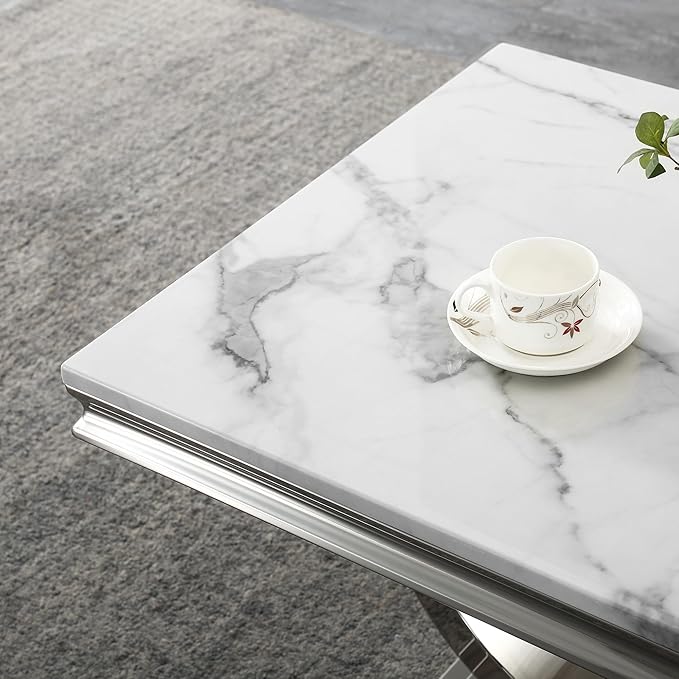 Modern Faux Marble End Table, Faux Marble Side Table with Geometric Frame, Rectangular Marble Center Table Tea Table Accent Furniture for Living Room, Simple Assembly (Silver)