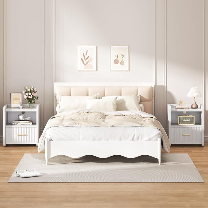 Night Stand with Charger Station, Fluted Wood Nightstand with Drawer Storage, Modern Bedside Table, Wide Nightstands for Bedroom, Mid Century Wooden Night Stands for Home Office Sofa Couch - Image 3