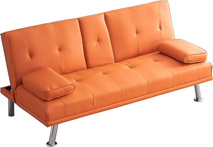 KEIKI 67" Leather Folding Futon Sofa w/Cup Holder & Adjustable Backrest, Mid Century Modern Couch Loveseat Convertible to Sleeper Bed, Comfy Cloud Couch SofaBed for Living Room & Bedroom, Orange