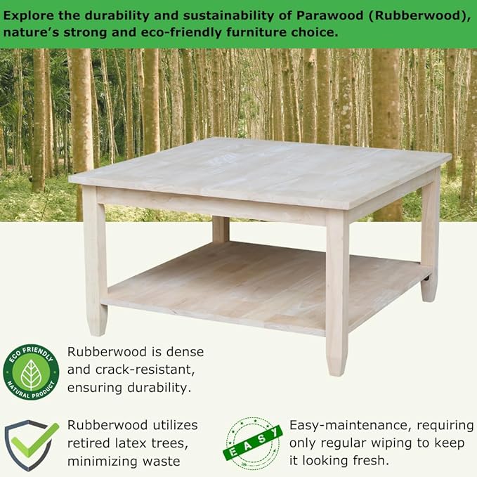 IC International Concepts, Solano Square Coffee Table, Solid Real Wood, Sturdy Parawood, Living Room/Family Room/Entryway, 32"W x 32"D x 18"H with Shelf, Paint/Stain Ready, Unfinished