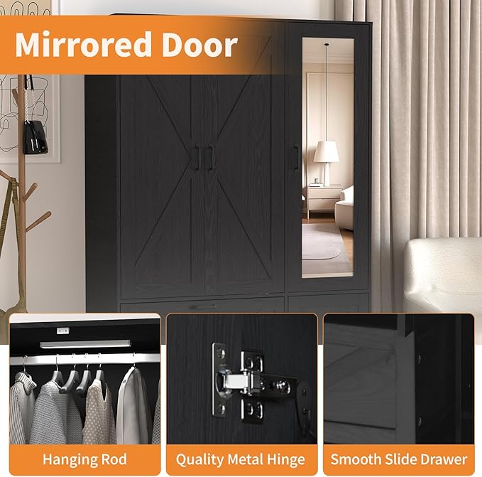 Armoire Wardrobe Closet with Drawers and Mirror, 72" Bedroom Wardrobe Cabinet with Motion Sensor Light, Hanging Rod & Adjustable Shelves, Bedroom Clothing Storage Closet with 3 Doors