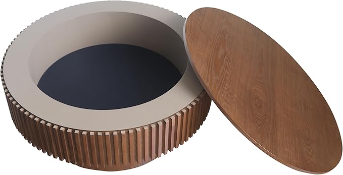 31.5'' Round Coffee Table with Storage, Modern Luxury Circle Drum Center Tables with Solid Wood Veneered, Accent Side Coffee Table for Living Room, Bedroom, Apartment-Walnut