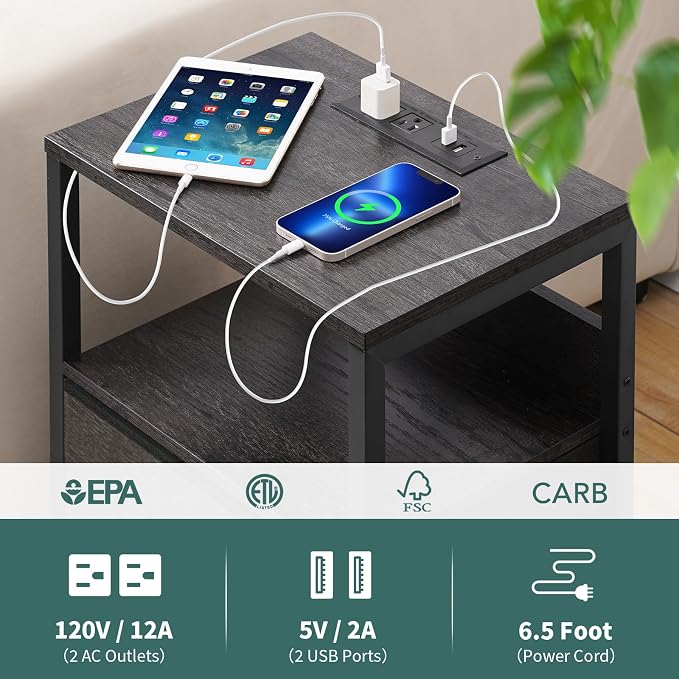 Yoobure Nightstand with Charging Station, LED Night Stand with Fabric Drawers and Storage Shelf for Bedroom, Nightstands Bedside Tables with USB Ports & Outlets, Small Night Stands, Bed Side Table - Image 6