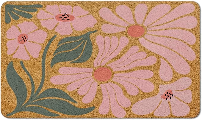 70s Retro Groovy Boho Pink Floral Faux Coir Door Mat Doormat for Front Door Indoor Outdoor Porch Entrance Entryway Outside Inside, Mid Century Modern Boho Flower Welcome Mat, 17x30 Inches by MKIJUHB